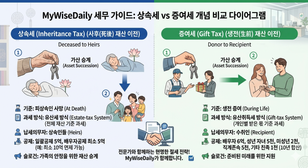 상속세vs증여세 개념 비교 다이어그램